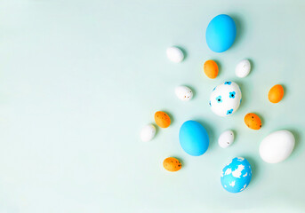 Painted Easter eggs on table on stock photo.	