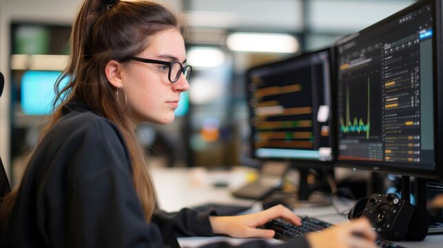 Focused Young Woman Working on Computer with Code and Data Analysis - Powered by Adobe