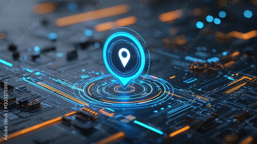 Poster a futuristic digital location marker pulsating with a soft glowing blue light on a high tech circuit