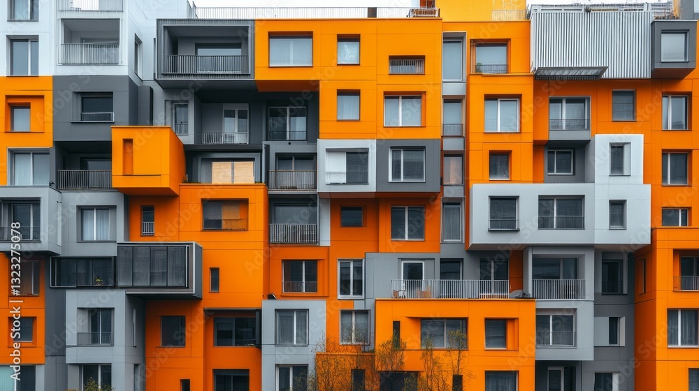 Aufkleber A striking building complex features an array of orange and gray geometric shapes, reflecting contemporary design in a vibrant urban atmosphere under clear skies