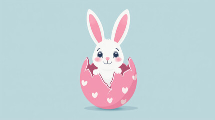A flat vector of a cute bunny peeking out from a cracked Easter egg, featuring a playful pastel color palette, creating a fun and whimsical Easter design