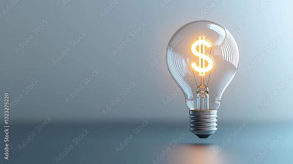 Poster glowing illuminated lightbulb with a floating dollar sign symbol representing the power of business 