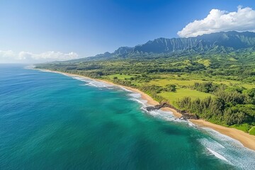 Fototapeta premium Aerial view of the dramatic and rugged Beach in Hawaii, with its green cliffs and blue ocean