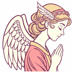 Beautiful angel girl coloring book for adults with praying hands and hairstyle