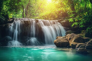 Jungle waterfall cascade in tropical forest with rock and turquoise blue pond