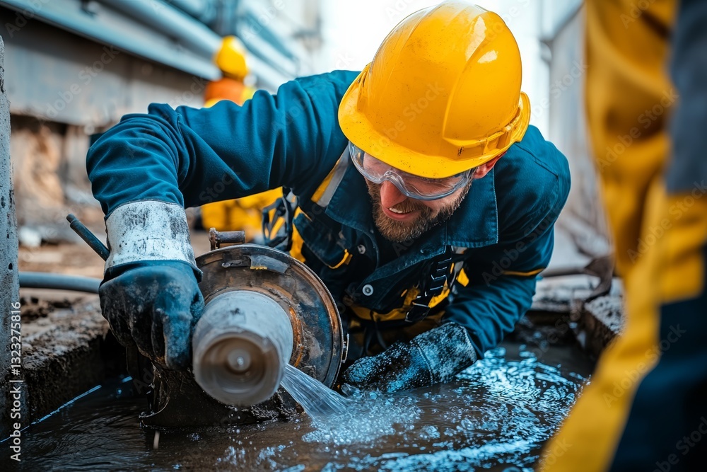 Poster man in a yellow helmet is working on a project in a muddy area. he is wearing a blue jacket and blac