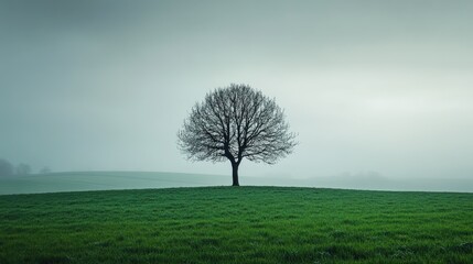 Obraz premium Solitary Tree on a Green Hill with Misty Landscape and Overcast Sky at Dusk