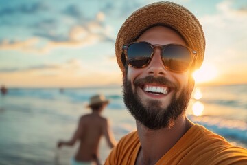 Man with a beard and sunglasses is smiling at the camera on a beach. He is wearing a yellow shirt and a straw hat
