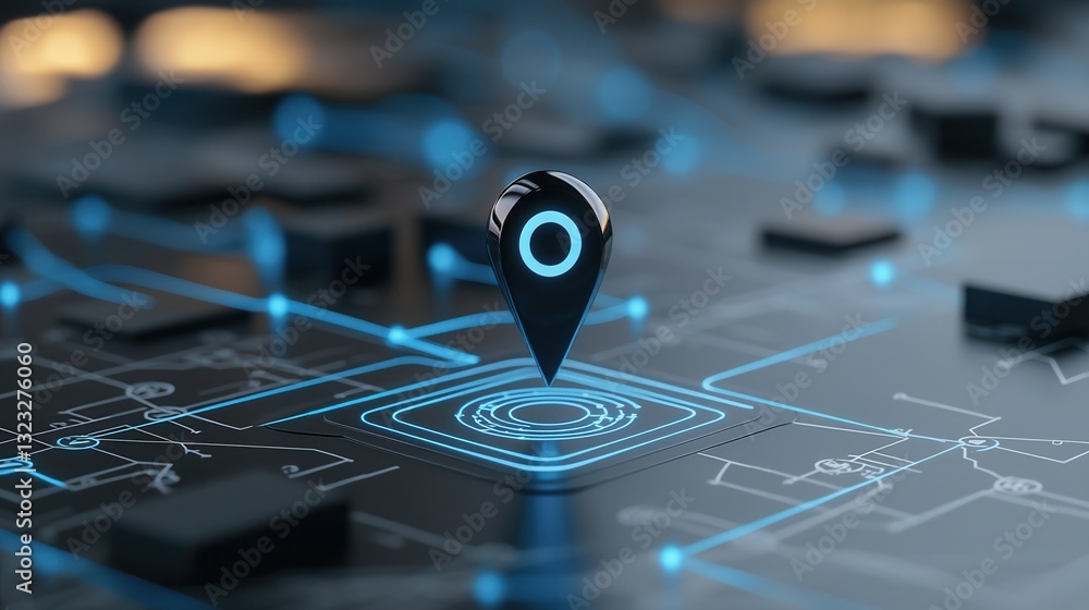 Poster a digital map interface displaying a precisely placed pin that radiates luminous signals indicating 