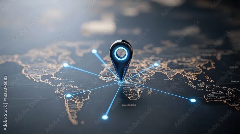 Poster precisely placed pin or marker on a detailed and colorful world map radiating lines and connections 