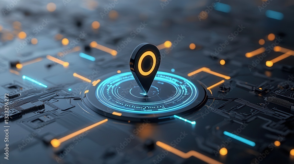 Poster a close up view of a sleek and futuristic looking location pin icon on a digital interface highlight