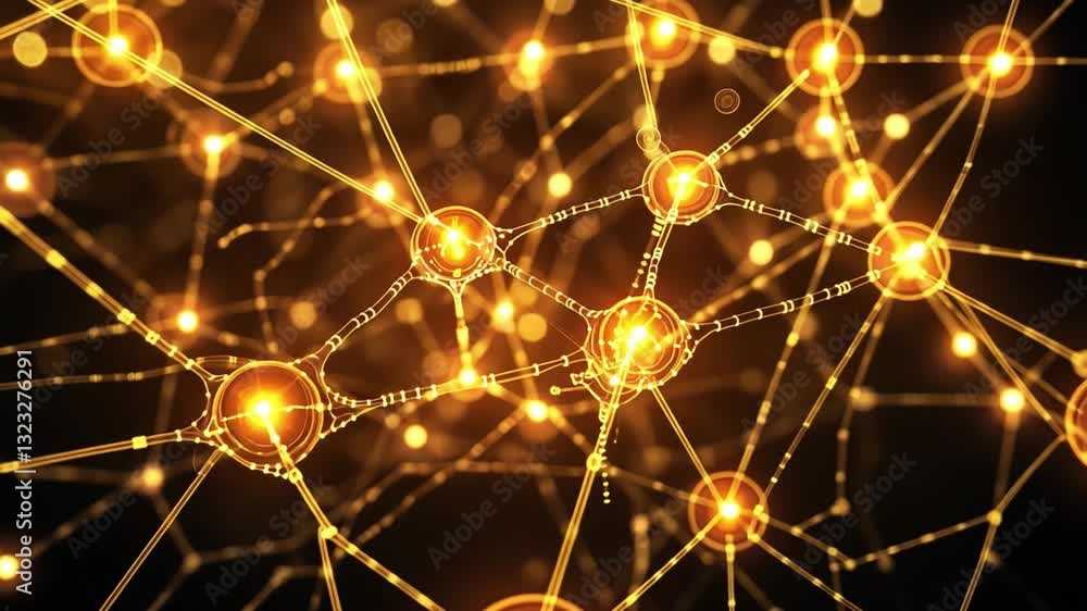 Poster glowing network of interconnected nodes and lines creates futuristic digital web, symbolizing techno