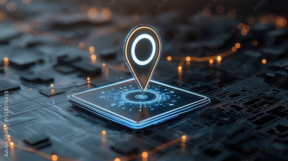 Poster a futuristic digital map of the world with a bright luminous navigation pin highlighting a location 