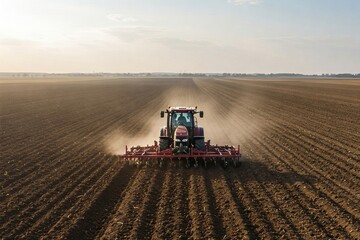 Fototapeta premium A red tractor plows a field under a cloudy sky