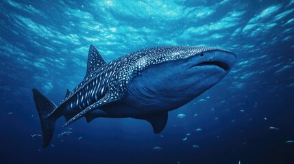 Fototapeta premium A large whale shark swims serenely through the deep blue ocean water
