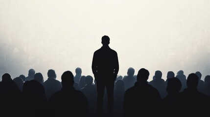 Naklejka premium Colorful silhouette pf person standing in monochrome crowd of different people,surreal unique and different concept,loneliness in society,shadow,freedom,Love,be yourself,Stand out from the crowd.