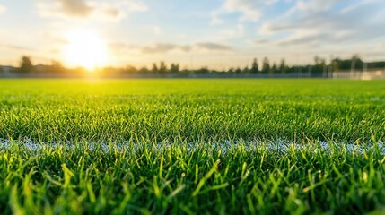 Fototapeta premium A peaceful and serene landscape featuring a lush green field with a focus on the intricate texture of the grass bathed in the warm glow of the rising or setting sun