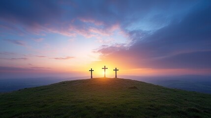 Obraz premium Three silhouetted crosses stand atop a peaceful hill illuminated by the warm glow of a serene sunset creating a powerful and inspiring religious landscape