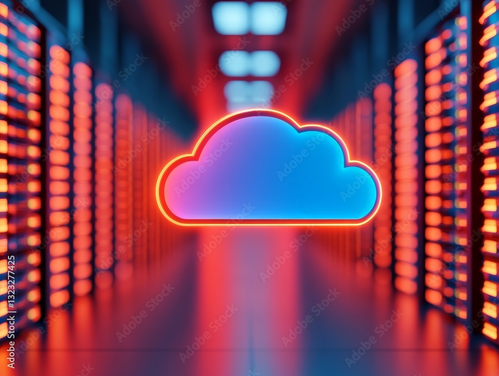 Wall mural glowing neon cloud symbol in futuristic data center corridor representing secure cloud networking cy