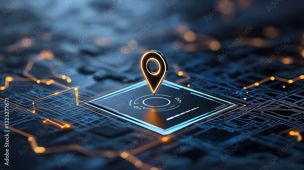 Poster a visually striking close up of a glowing gps pin standing out on a futuristic digital map network r