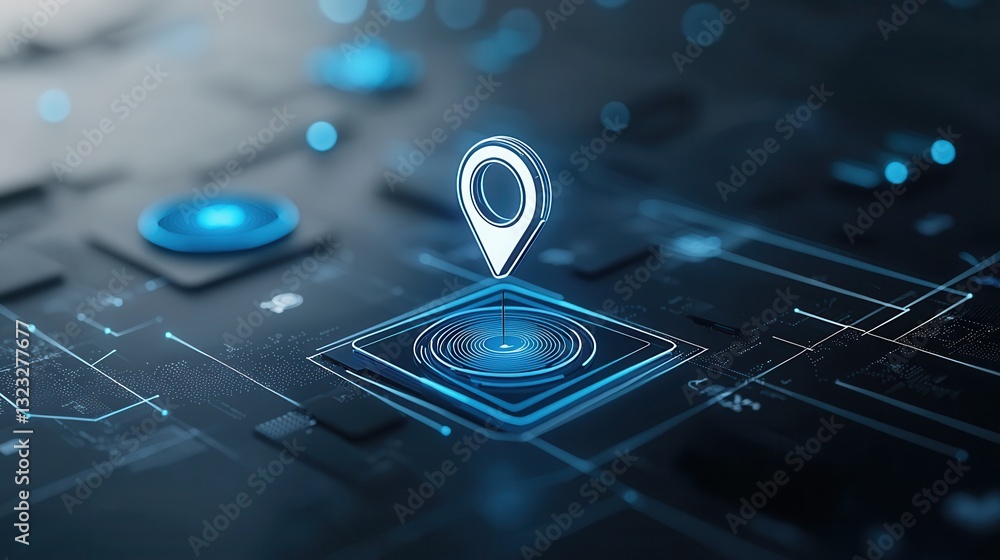 Poster this visually striking image depicts a futuristic and radiant navigation concept with a glowing pin 