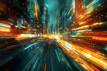 Fototapeta premium Futuristic city street with vibrant light trails, showcasing speed and technology. Ideal for tech, innovation, and future-themed projects.
