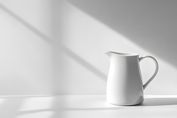 Minimalist White Ceramic Pitcher on White Surface with Light Shadows