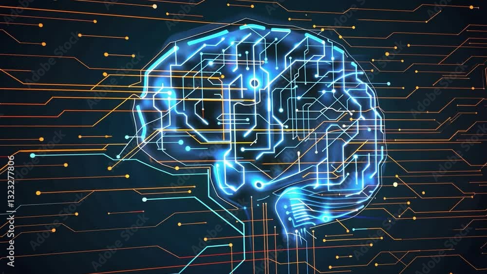 Poster digital illustration of brain with glowing circuits showcasing artificial intelligence, neural netwo