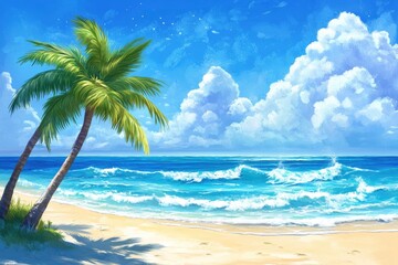 Fototapeta premium Cartoon beach scenery with watercolor waves and blue sea under vibrant sky, playful ocean theme for summer branding campaigns.