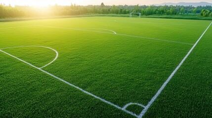 Obraz premium This image captures a warm and detailed view of a sports field showcasing the lush green grass and surrounding stadium infrastructure The playing field is neatly marked with white lines