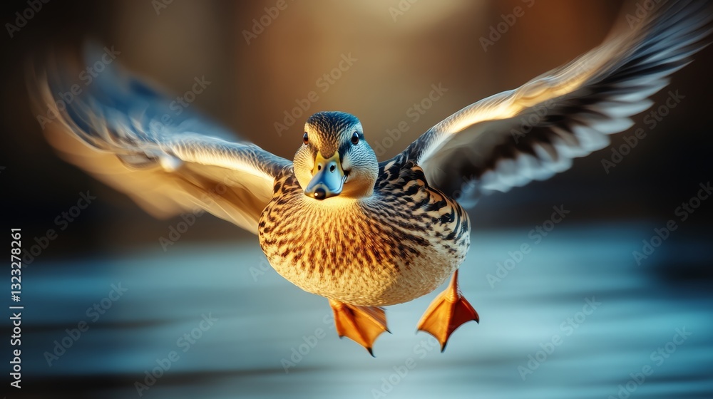 Poster duck is flying in the air with its wings spread out. the duck is in the middle of the image and is t