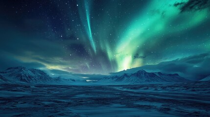 Fototapeta premium Majestic Northern Lights Dancing Over A Serene Snowy Landscape Under A Starry Night Sky