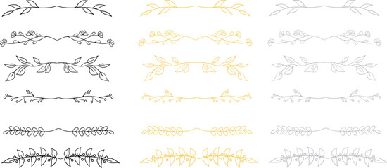 Collection of decorative line dividers in rustic style with floral pattern. Vector decorative elements. Line dividers in black, gold and silver colors.