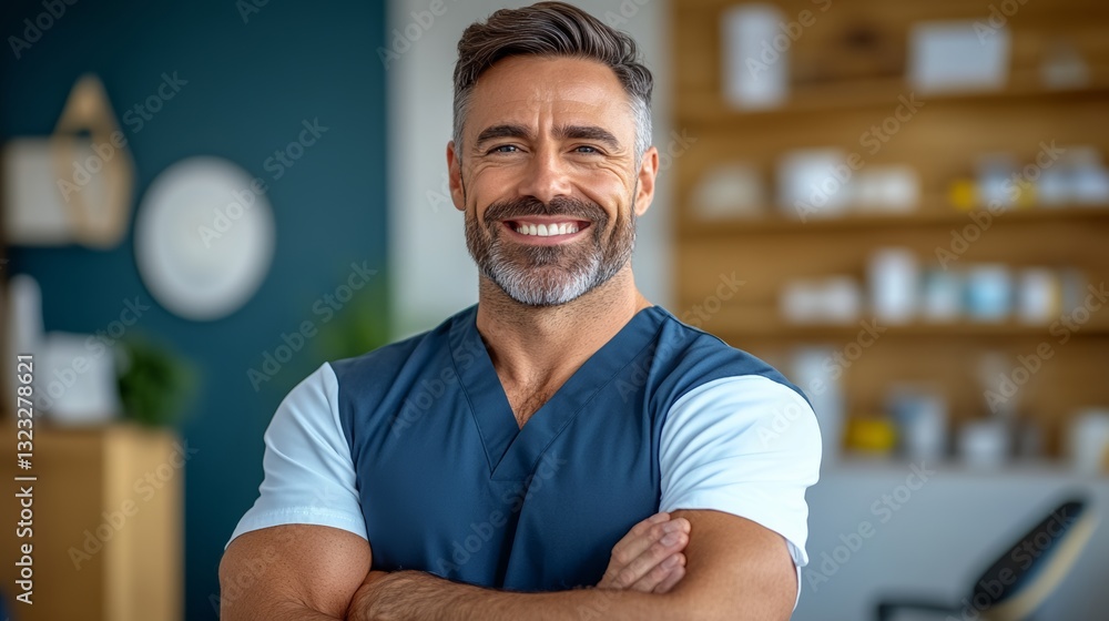 Poster man in a blue scrubs shirt is smiling and posing for a picture. he is standing in front of a wall wi