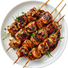 Grilled chicken skewers on plate, garnished with herbs , Delicious Asian cuisine on white background