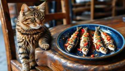 Spanish style grilled fish platter with cat on wooden table with copy space