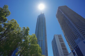 Obraz premium Urban Skyline, Sunny Day, City Trees, Architecture