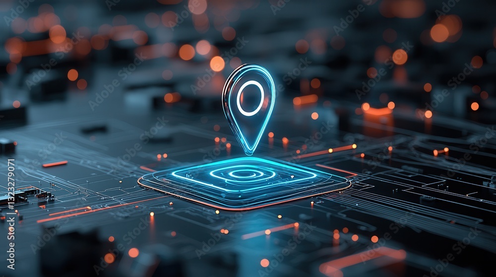 Poster close up of a sleek minimalist map pin icon radiating soft blue illumination against a dark high tec
