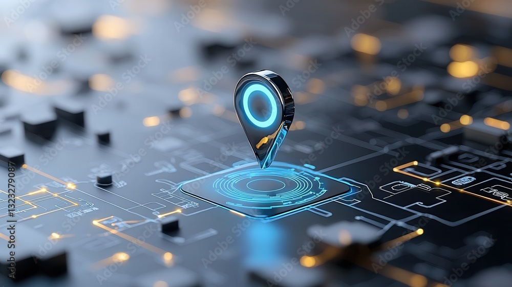 Poster futuristic digital map interface displaying a radiant blue navigation marker representing advanced l