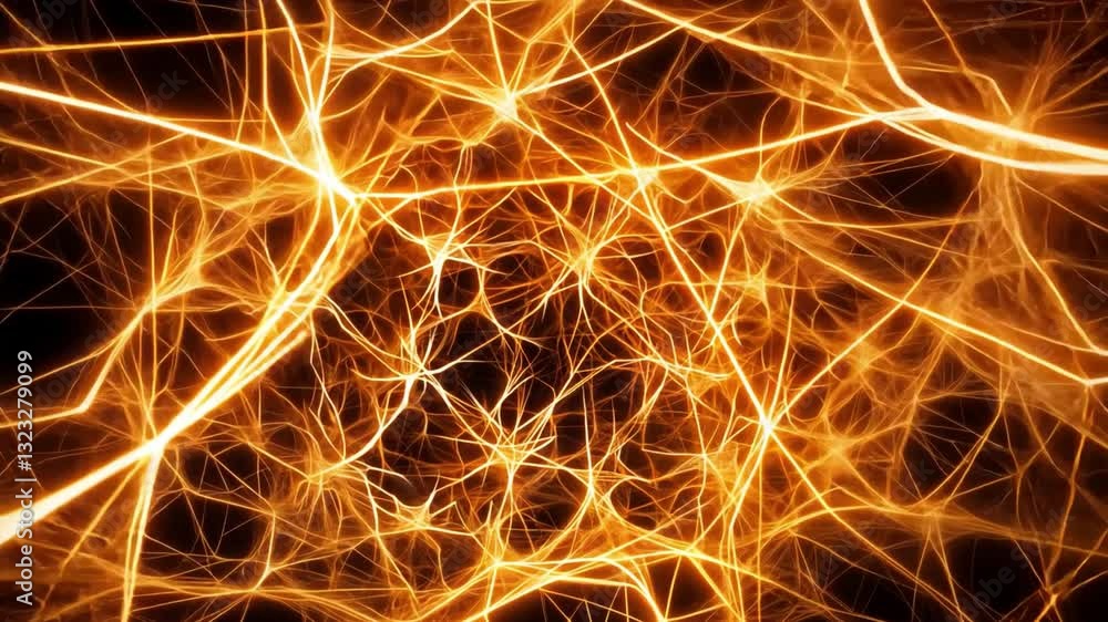 Poster dynamic network of glowing orange lines creates abstract, energetic pattern resembling neural connec