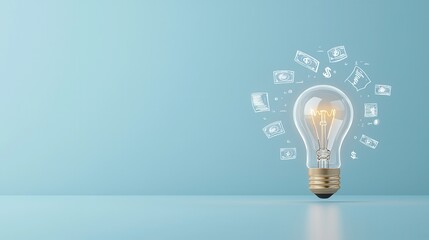A bright illuminated lightbulb standing out against a serene blue and white background symbolizing creativity innovation and the power of ideas