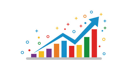 Colorful bar graph with upward-trending blue arrow, symbolizing growth and progress on a white background