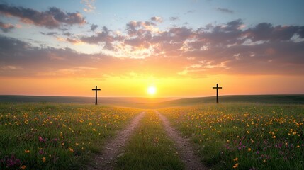 Serene countryside landscape with two crosses standing in a field of wildflowers bathed in the warm glow of a stunning sunset sky