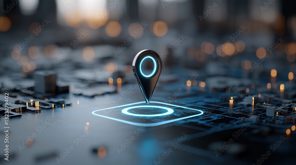 Poster close up view of a glowing location pin displayed on a digital map interface representing technology