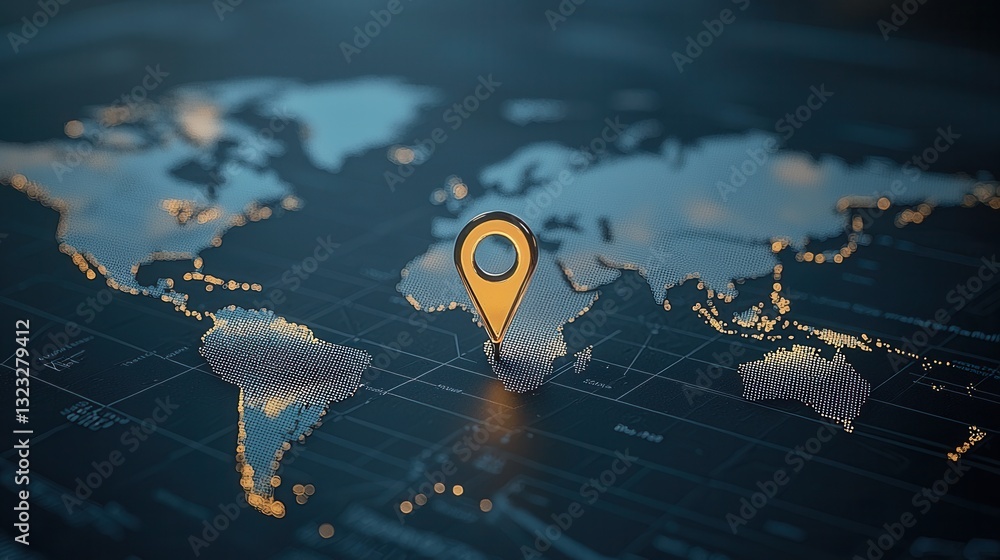 Poster glowing location marker pinpointing a spot on a detailed digital world map visualization with contin