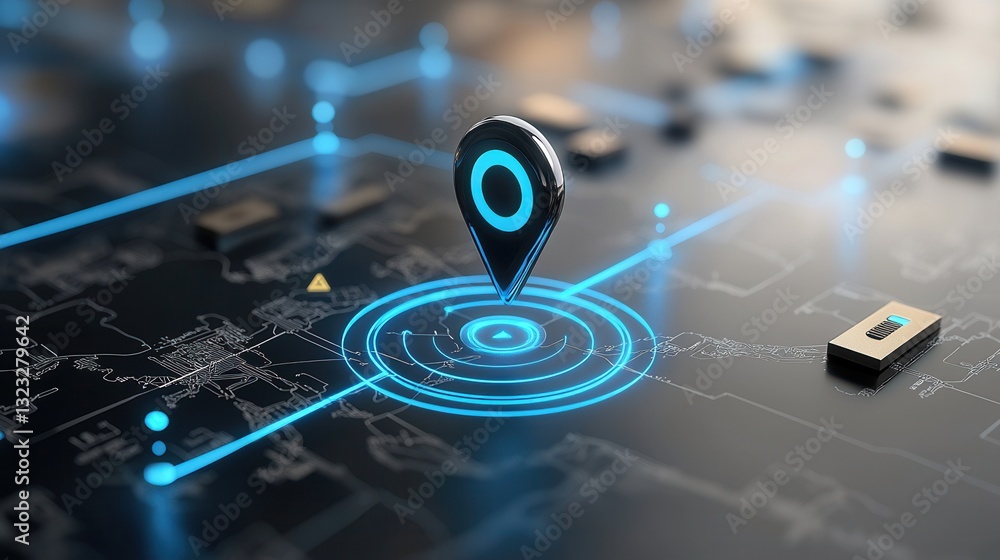 Poster close up view of a holographic pin or pointer highlighting a specific location on a detailed digital