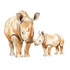 Fototapeta premium Watercolor Painting of a Mother Rhinoceros and her Calf. A heartwarming illustration of a rhinoceros family.