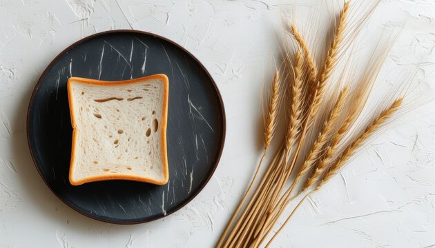 Top view of single white bread slice on black plate with wheat stalks and copy space for design use - Powered by Adobe