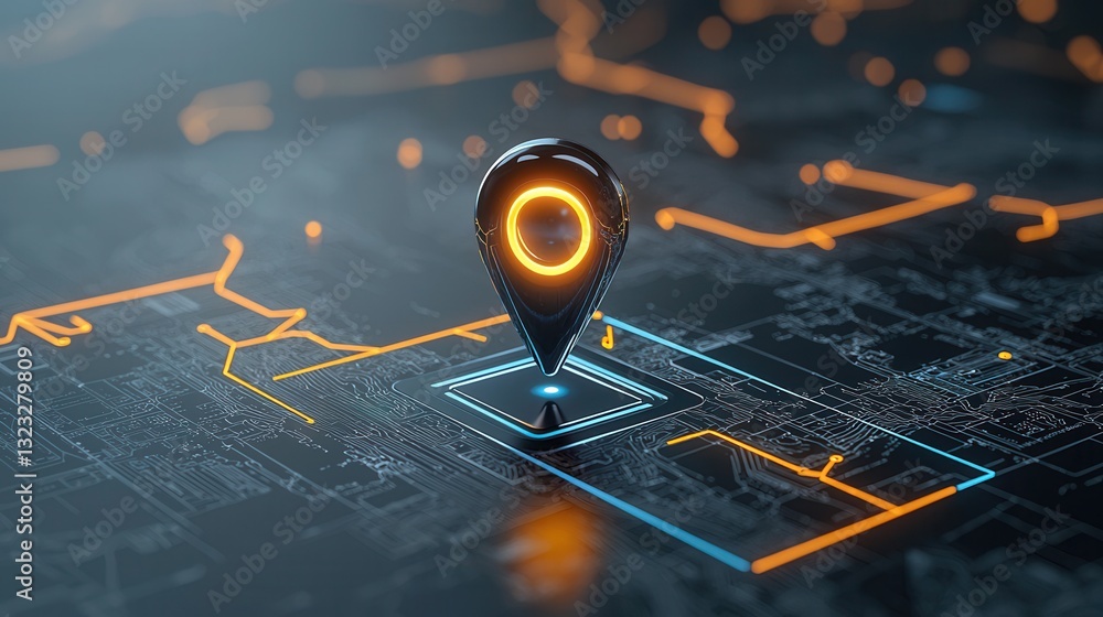 Poster a close up view of a sleek illuminated location pin displayed on a futuristic digital map interface 