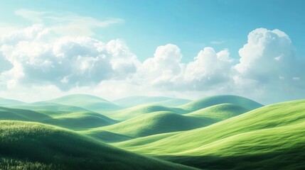 Lush Green Rolling Hills Under Blue Sky with Fluffy White Clouds in a Tranquil Landscape Scene